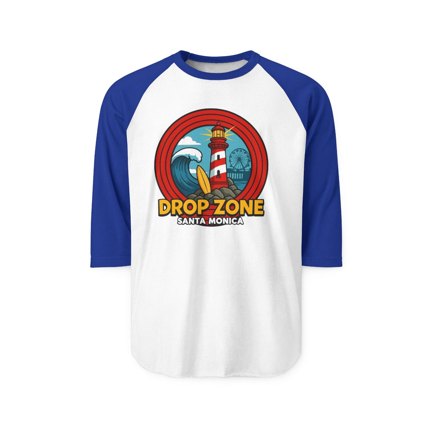 Drop Zone Retro Surfing Drop Zone Santa Monica Unisex Raglan Shirt, Beach Vibes Tee, Cool Summer Shirt, Vacation Top