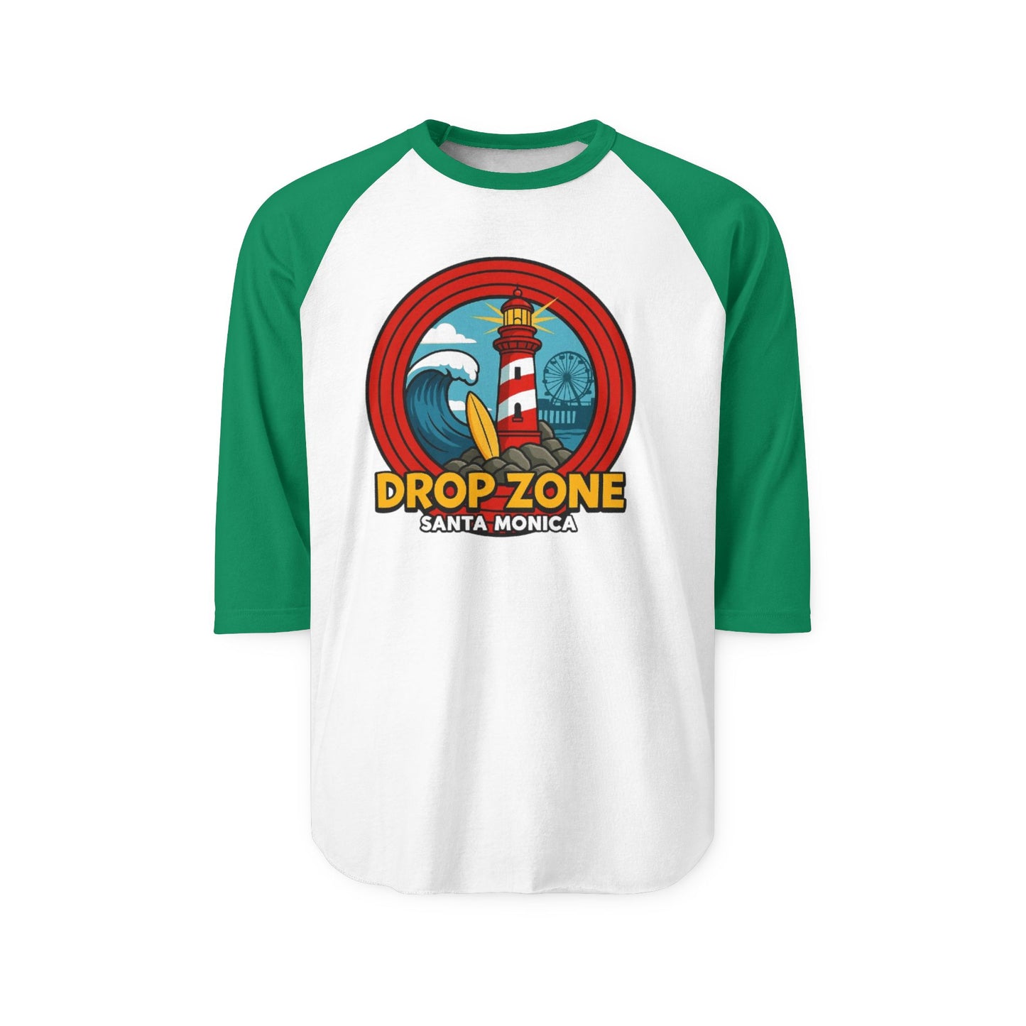 Drop Zone Retro Surfing Drop Zone Santa Monica Unisex Raglan Shirt, Beach Vibes Tee, Cool Summer Shirt, Vacation Top