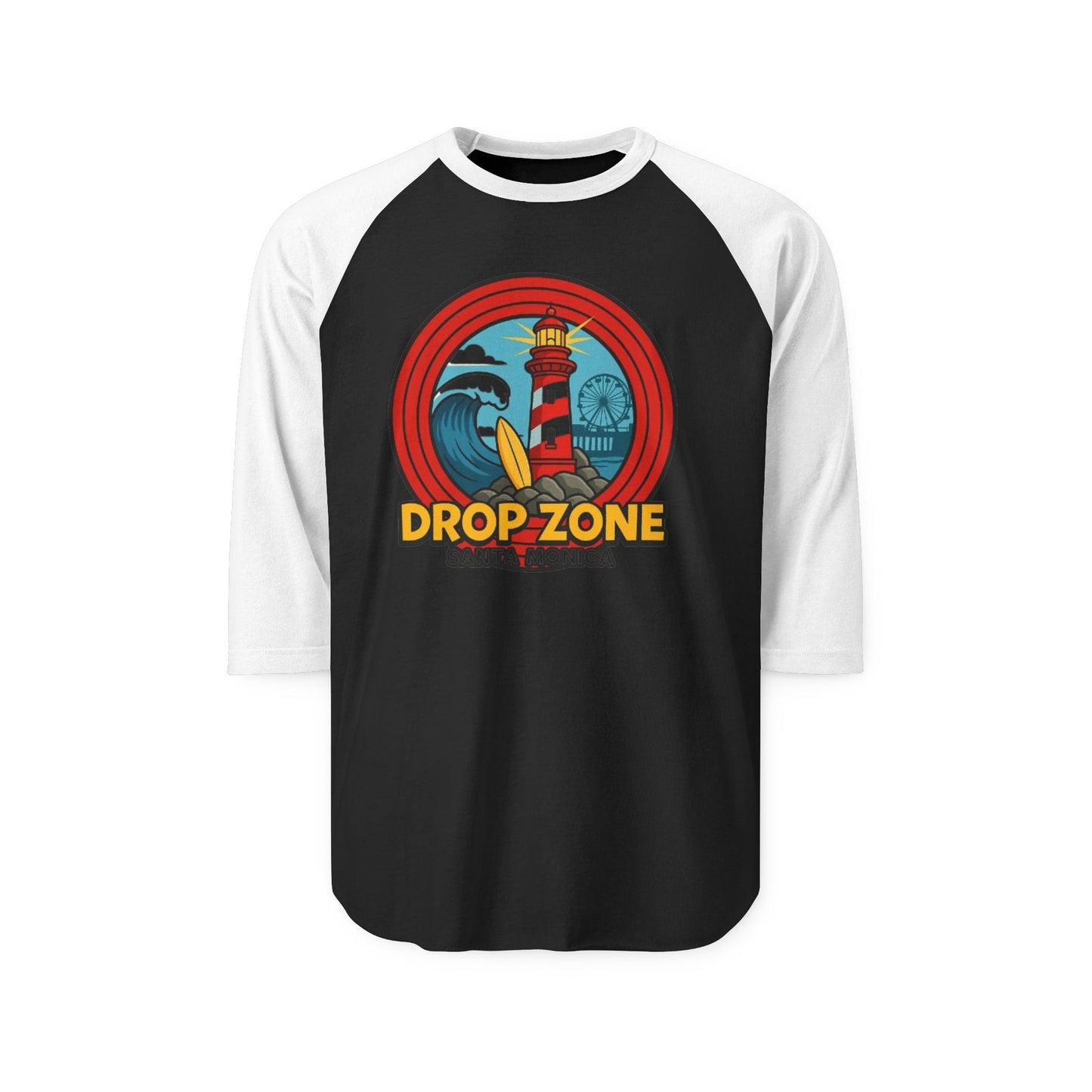 Drop Zone Retro Surfing Drop Zone Santa Monica Unisex Raglan Shirt, Beach Vibes Tee, Cool Summer Shirt, Vacation Top