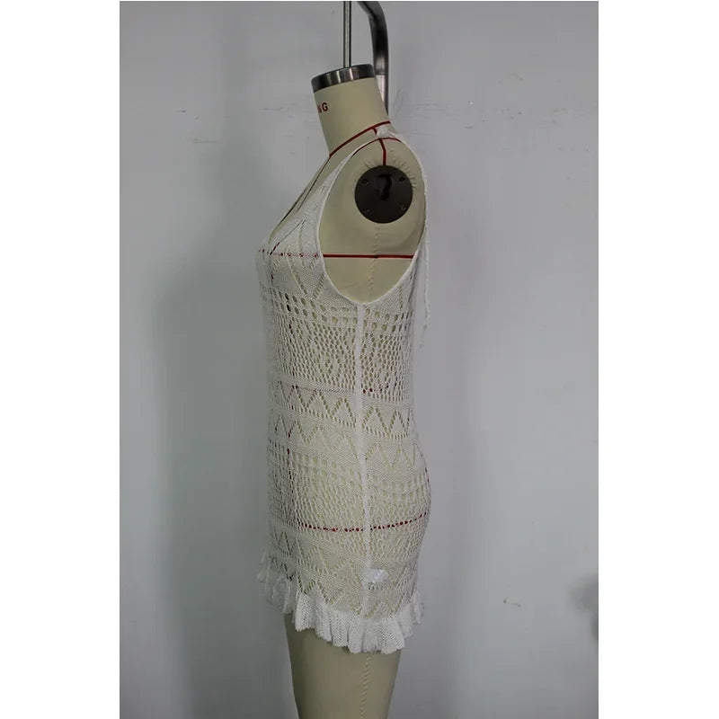 Summer Solid Color Knitted Backless Beach Dress