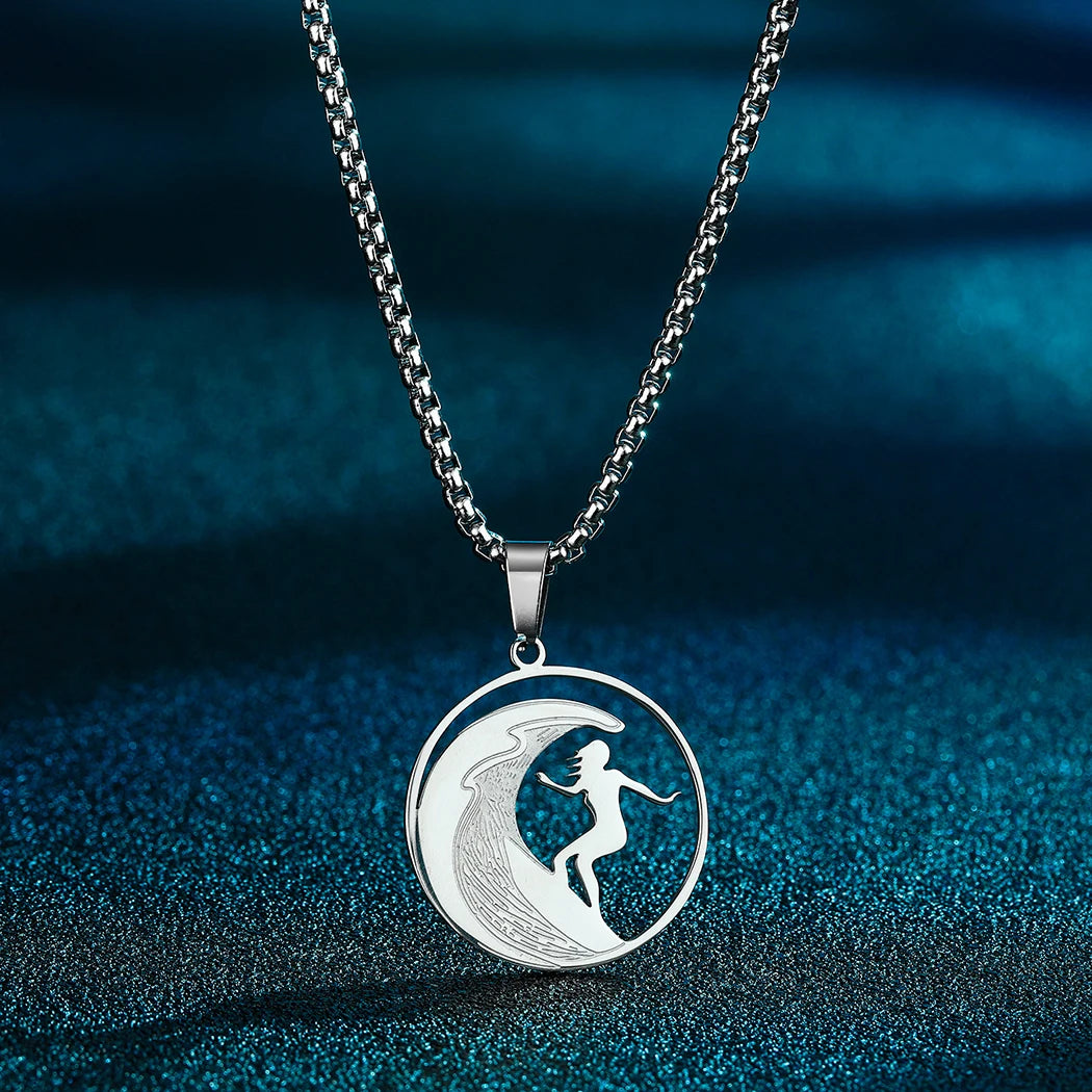 Surfer Girl on Wave Pendant Necklace