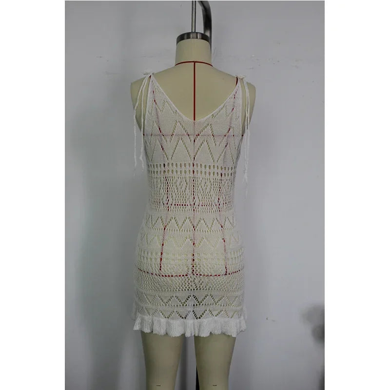Summer Solid Color Knitted Backless Beach Dress