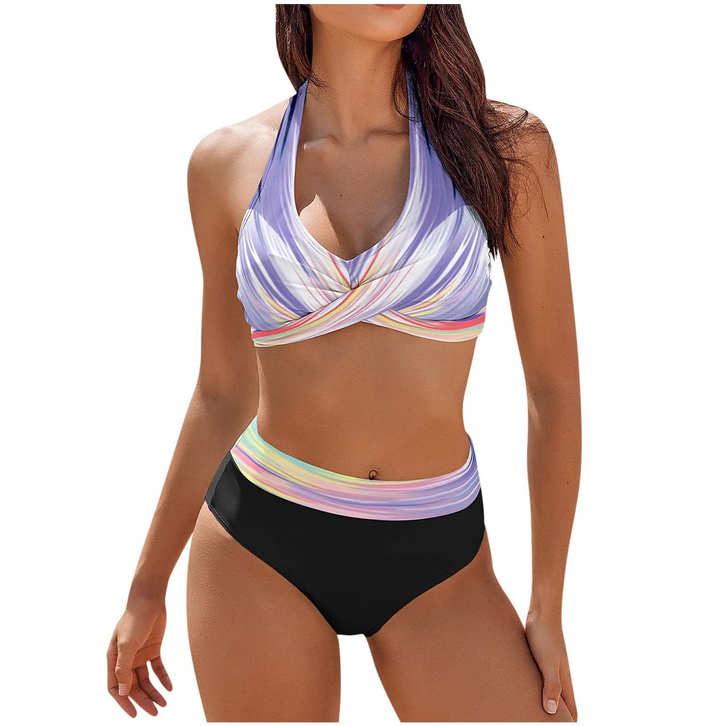 Teenagers' & Women's High-Waist Two-Piece Swimsuit - Colour Block & Floral Print