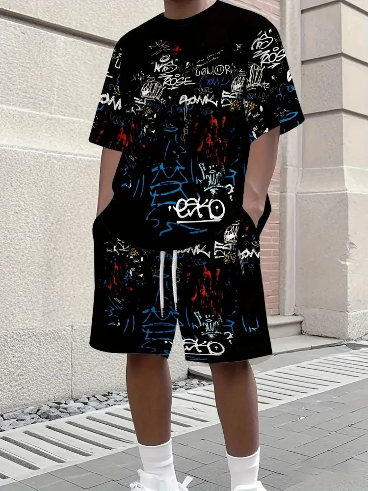 2025 Men's Creative Graffiti Print Two-Piece Set
