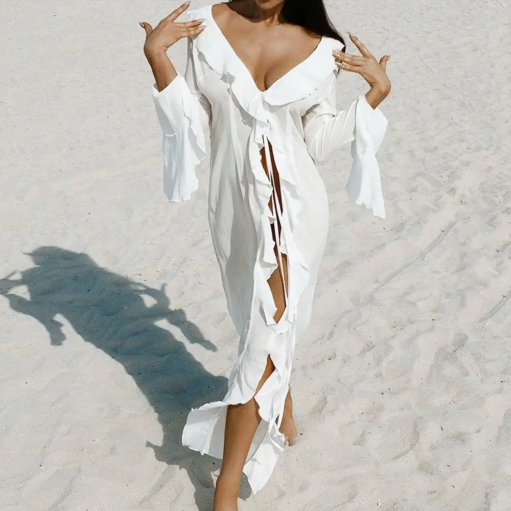 Elegant V-neck long-sleeve beach cover-up.