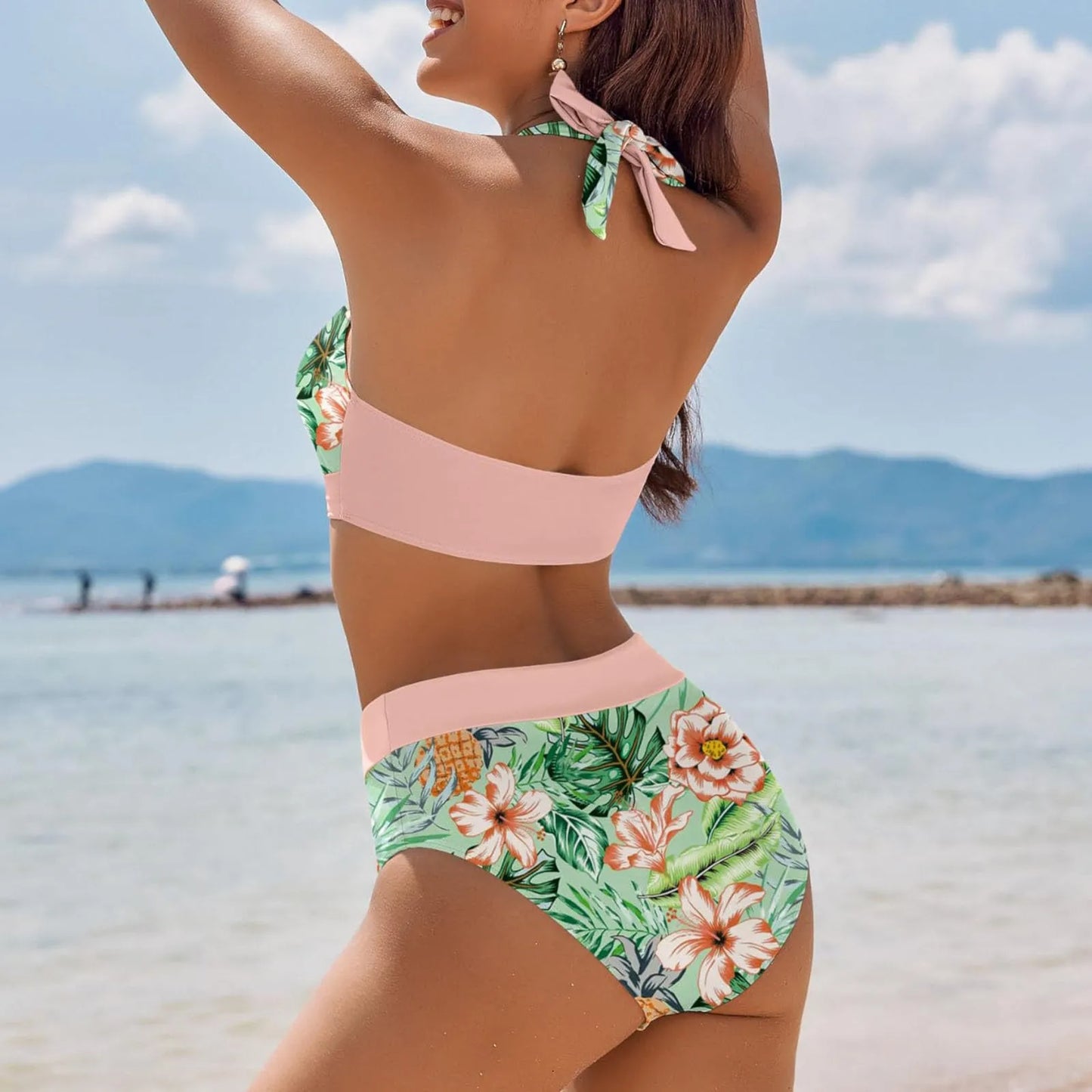 Teenagers' & Women's High-Waist Two-Piece Swimsuit - Colour Block & Floral Print
