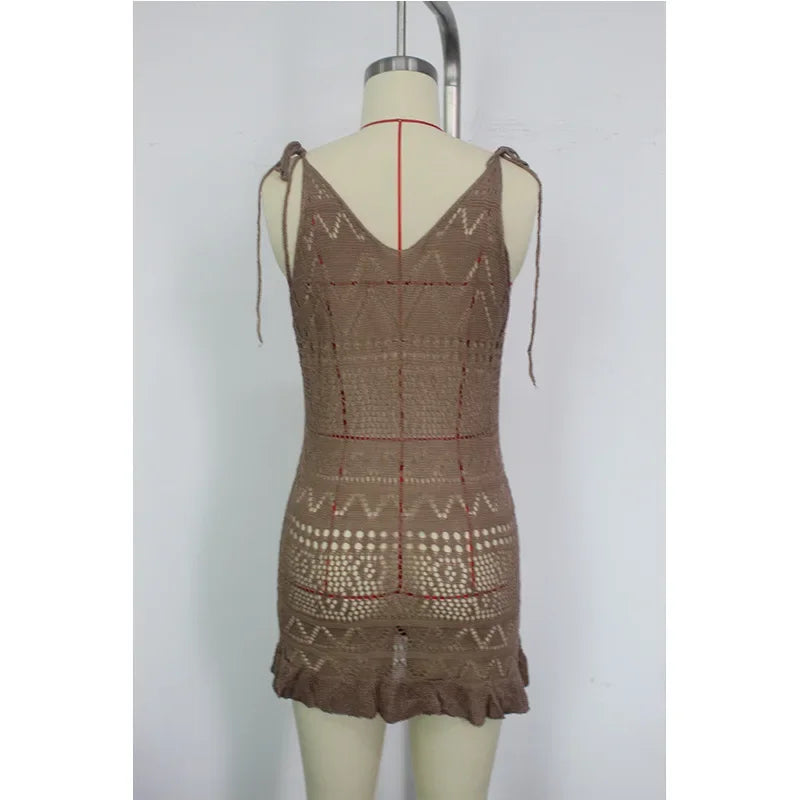 Summer Solid Color Knitted Backless Beach Dress