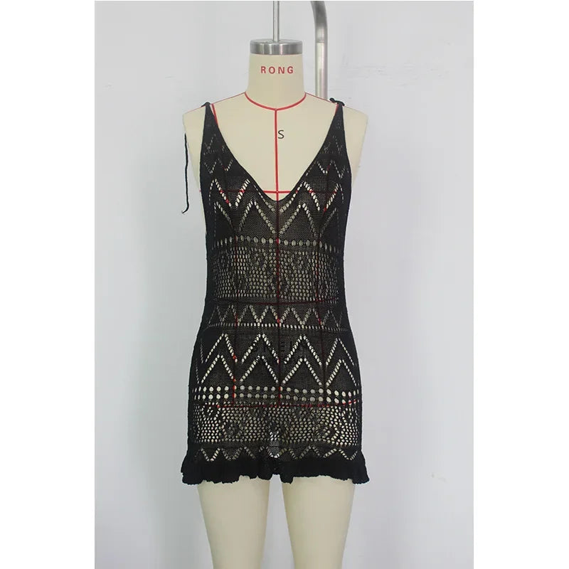 Summer Solid Color Knitted Backless Beach Dress