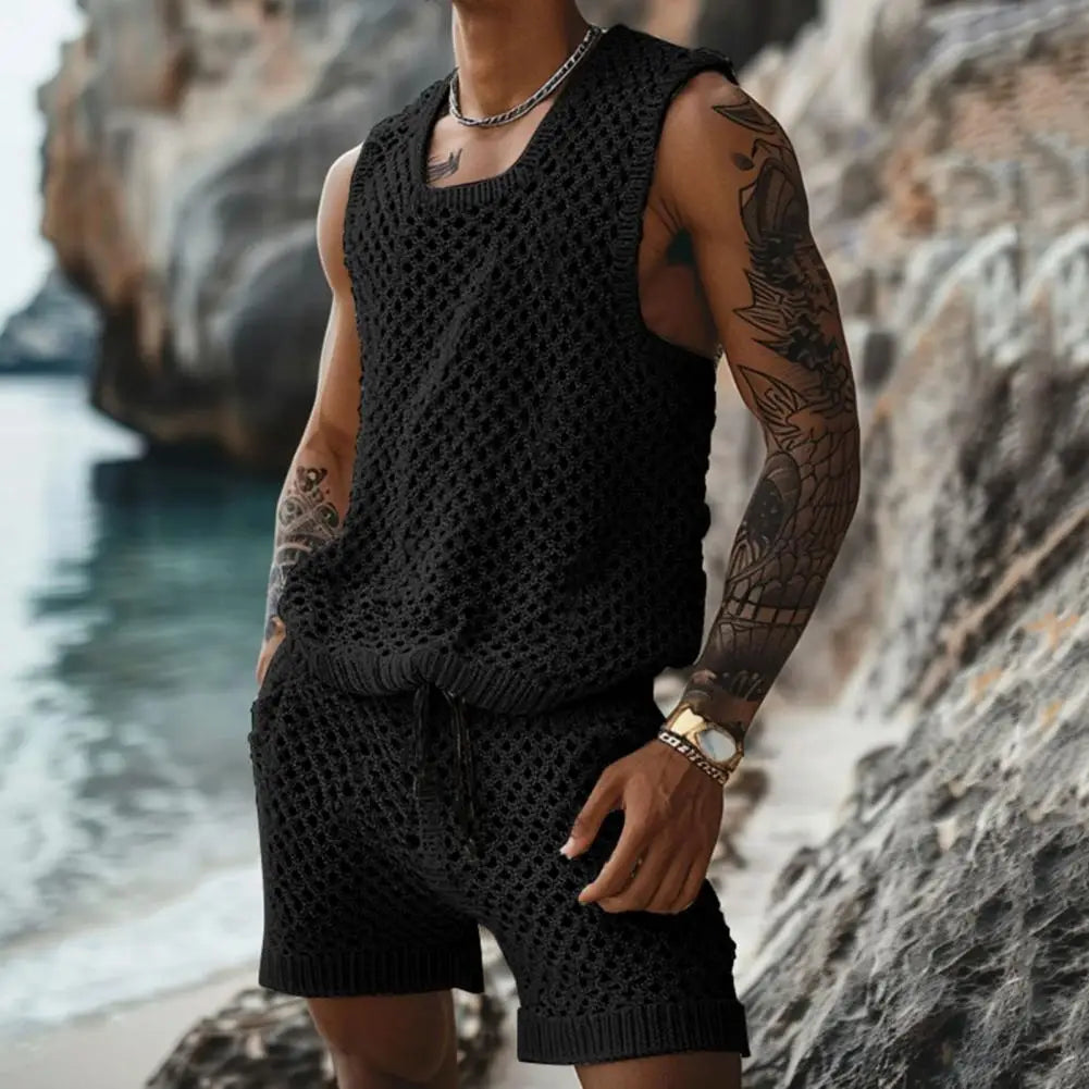 Men's Casual Knit Vest & Drawstring Shorts Set