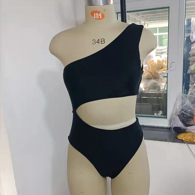 One-Piece Cross Shoulder Swimsuit for Women - Solid Color, Conservative Y2K Trend