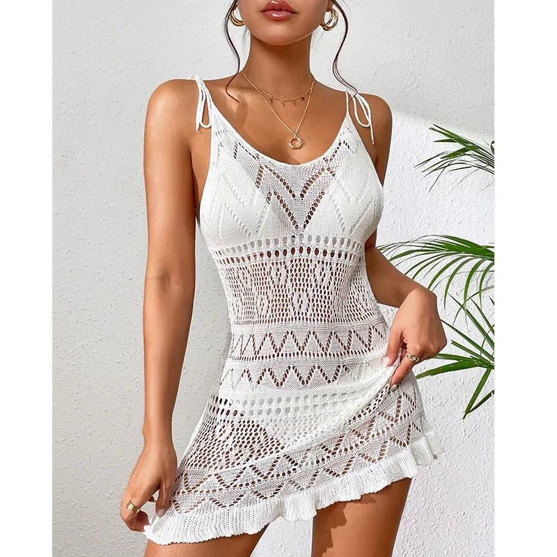 Summer Solid Color Knitted Backless Beach Dress