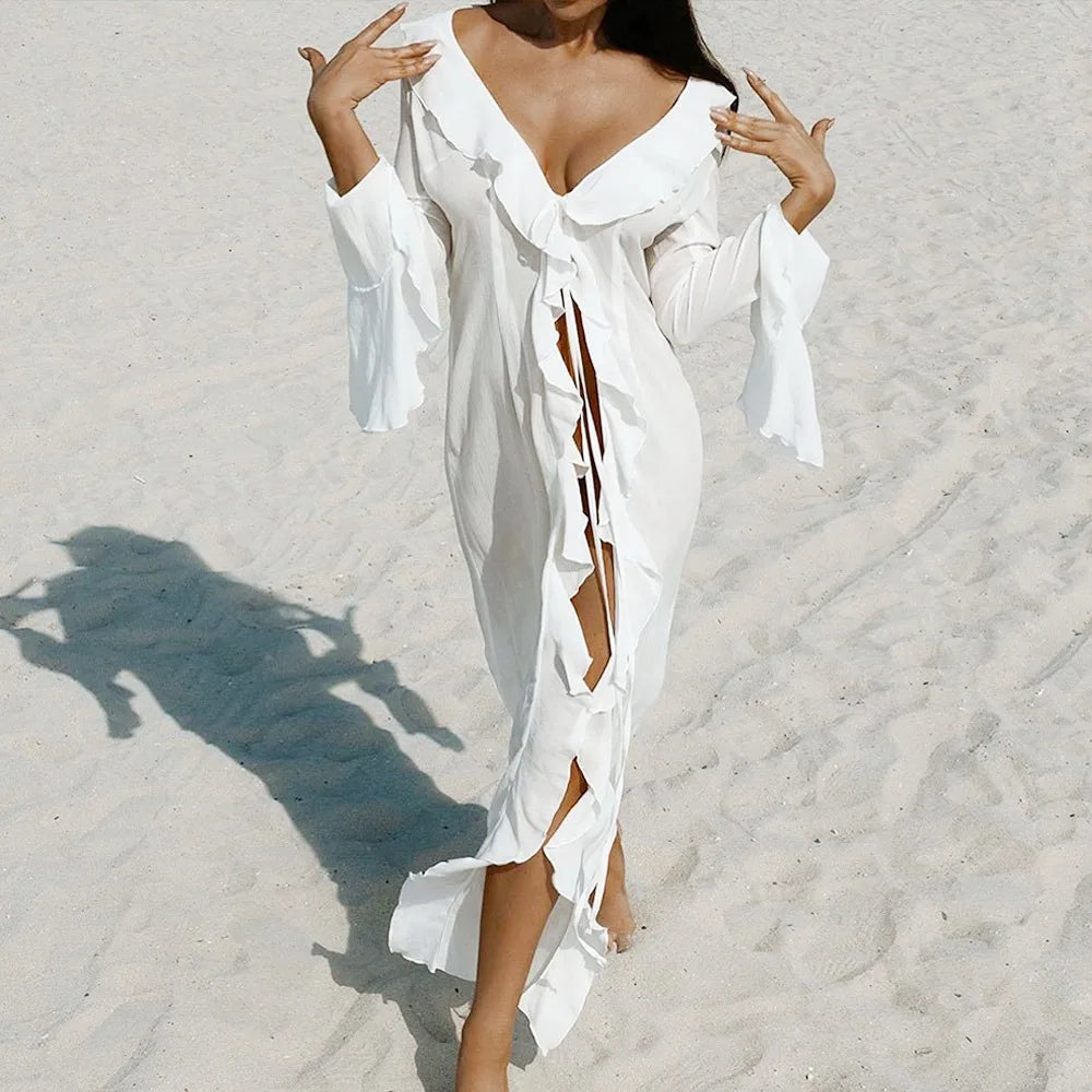 Elegant V-neck long-sleeve beach cover-up.