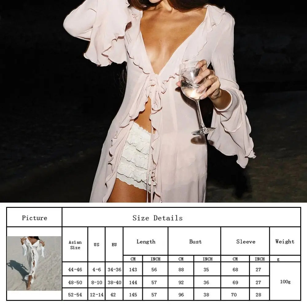 Elegant V-neck long-sleeve beach cover-up.