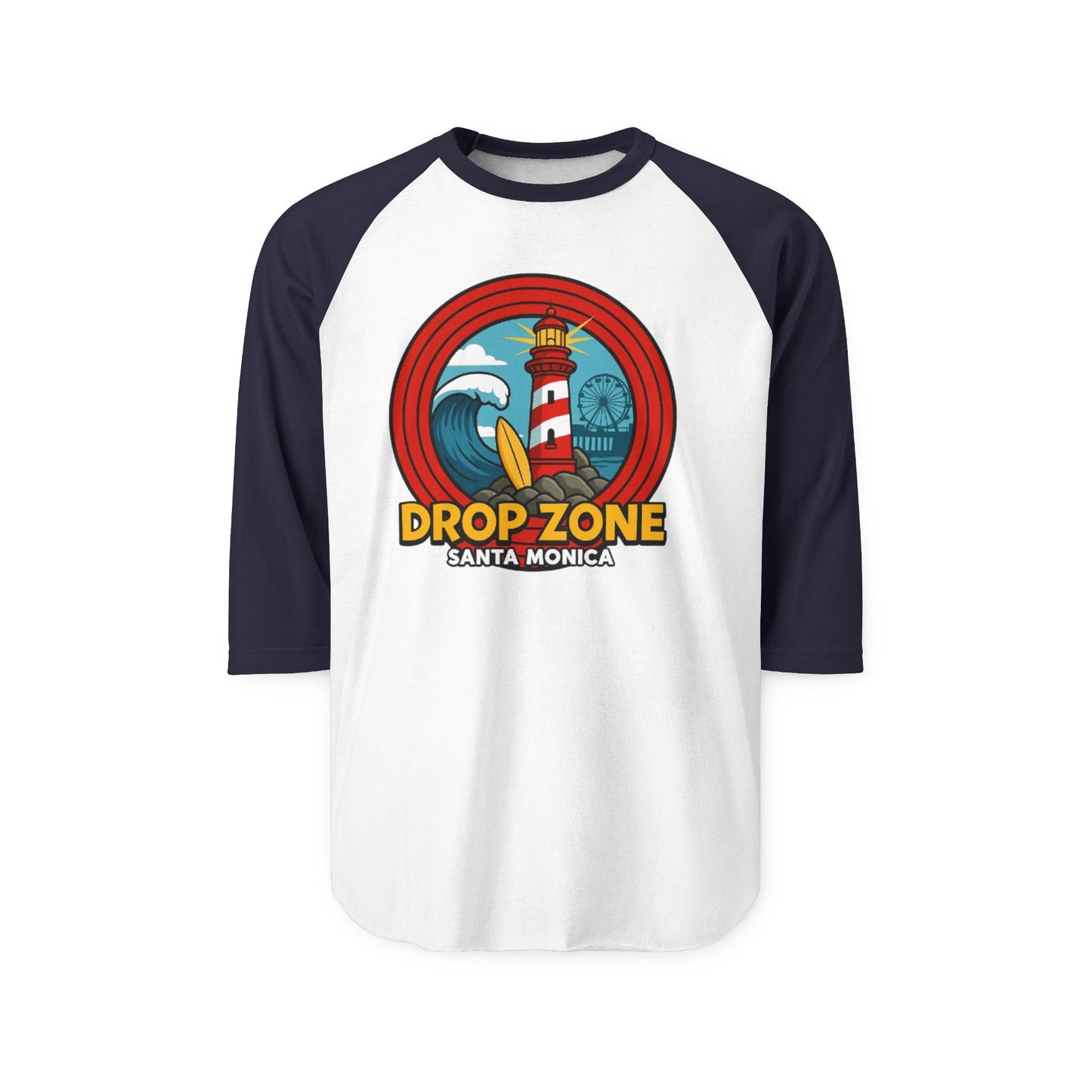 Drop Zone Retro Surfing Drop Zone Santa Monica Unisex Raglan Shirt, Beach Vibes Tee, Cool Summer Shirt, Vacation Top