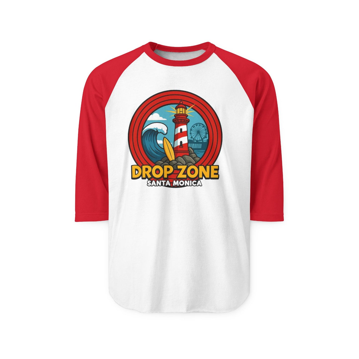 Drop Zone Retro Surfing Drop Zone Santa Monica Unisex Raglan Shirt, Beach Vibes Tee, Cool Summer Shirt, Vacation Top