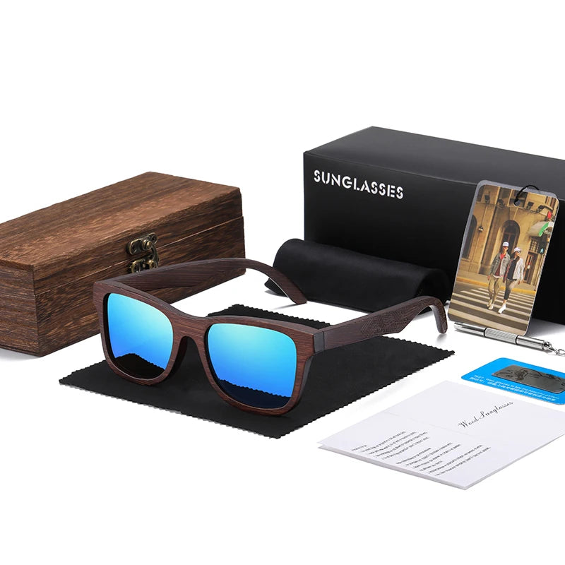 Handmade Bamboo Polarized Sunglasses – Natural Wood Frame with Mirror Lenses + Gift Box