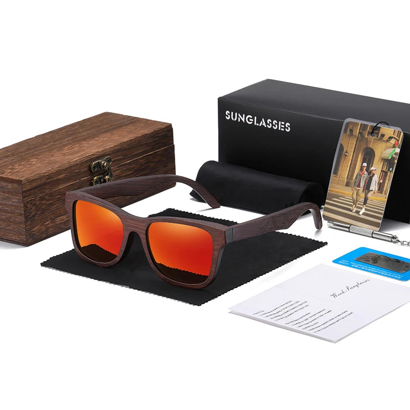 Handmade Bamboo Polarized Sunglasses – Natural Wood Frame with Mirror Lenses + Gift Box