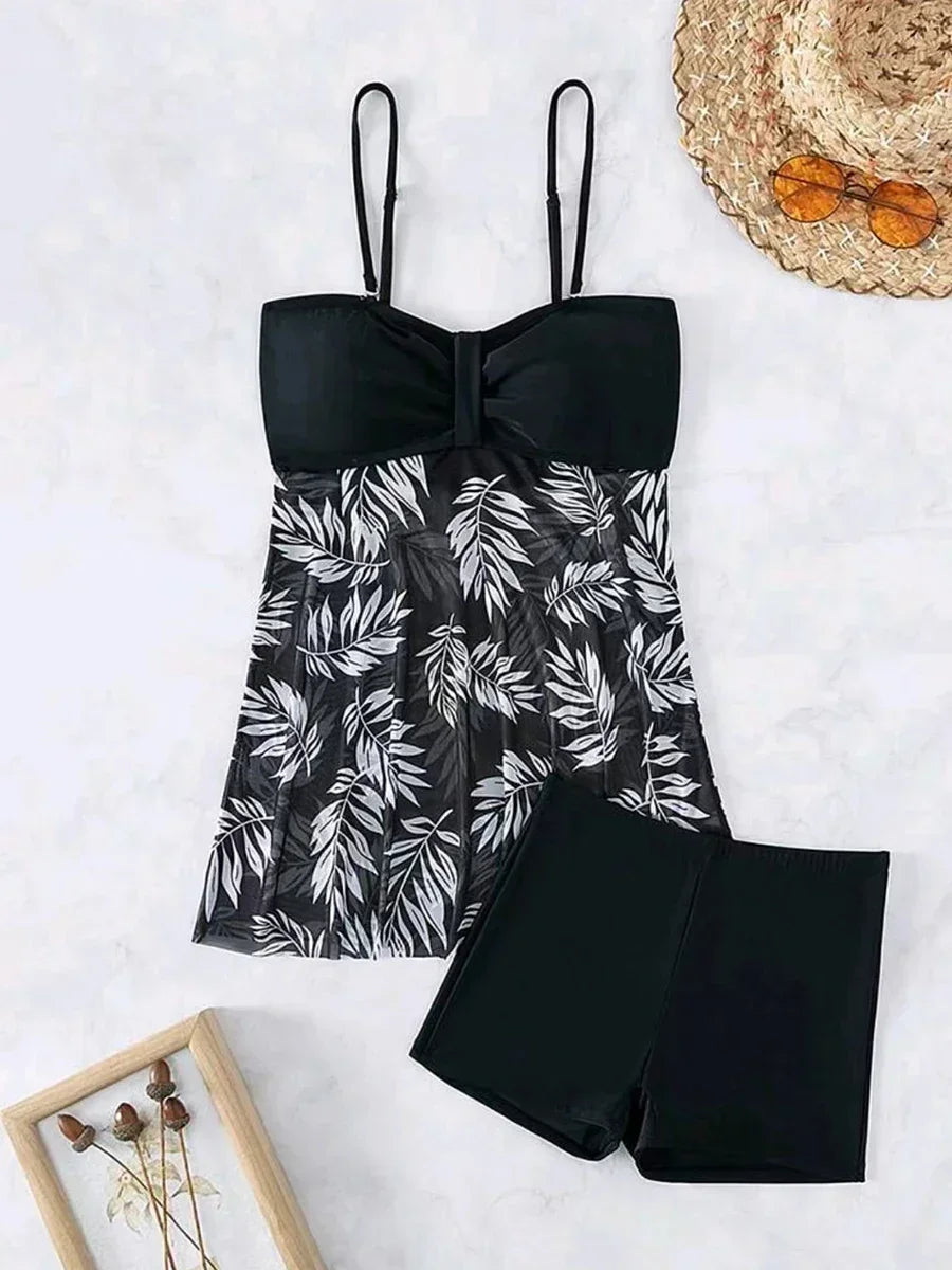 Sexy Mesh Print Split Swimsuit Dress for Women - High-Waist Beachwear