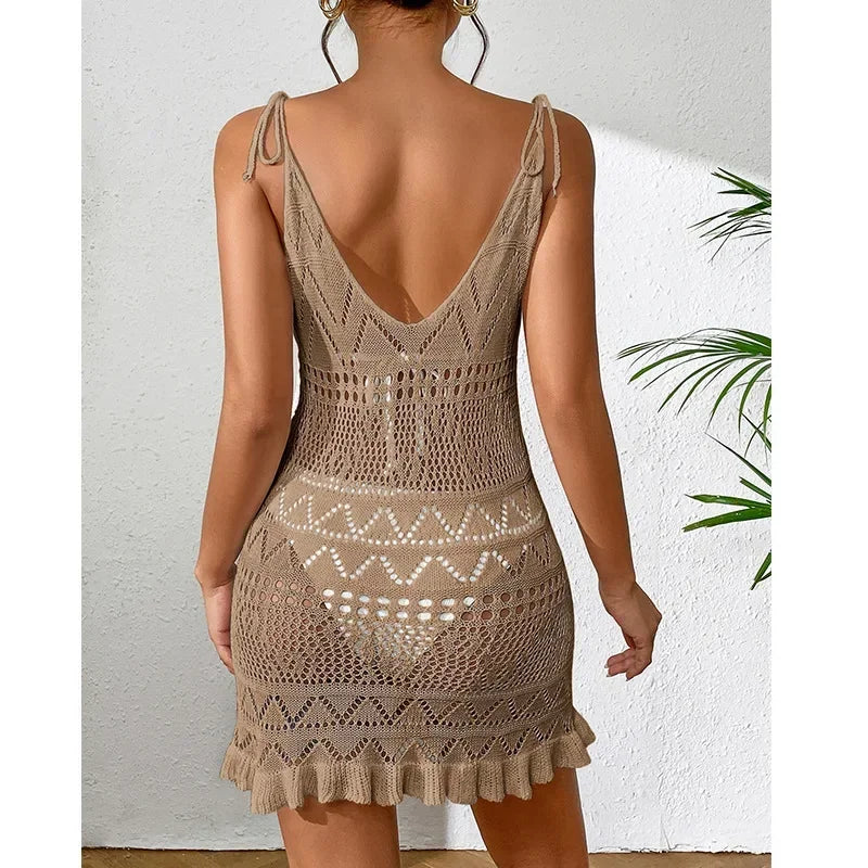 Summer Solid Color Knitted Backless Beach Dress