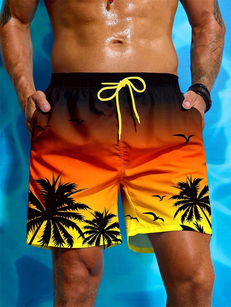 Retro, Leafy, Comfy, Swimwear 
 Hawaiian Breathable Swim Trunks Kids Loose Ice Shorts