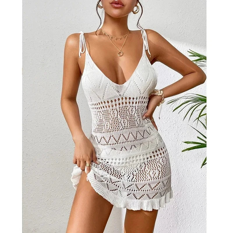 Summer Solid Color Knitted Backless Beach Dress