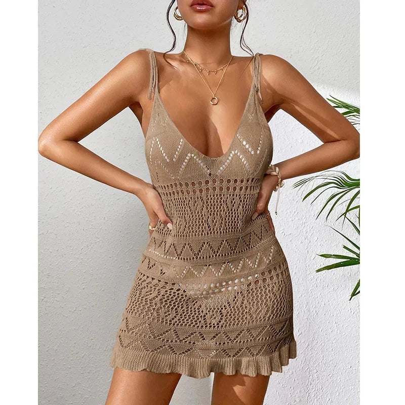 Summer Solid Color Knitted Backless Beach Dress