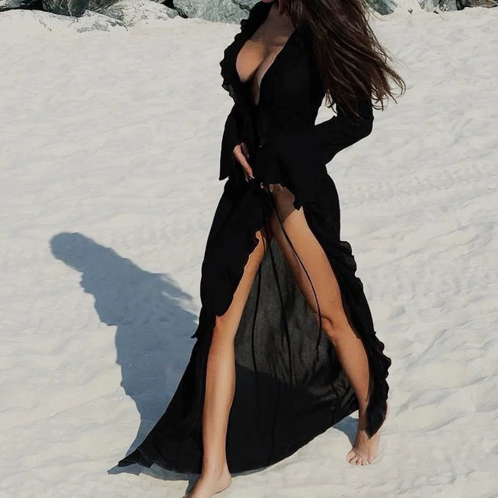 Elegant V-neck long-sleeve beach cover-up.