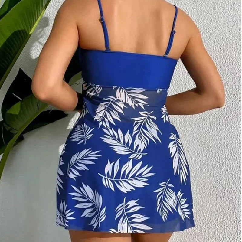 Sexy Mesh Print Split Swimsuit Dress for Women - High-Waist Beachwear
