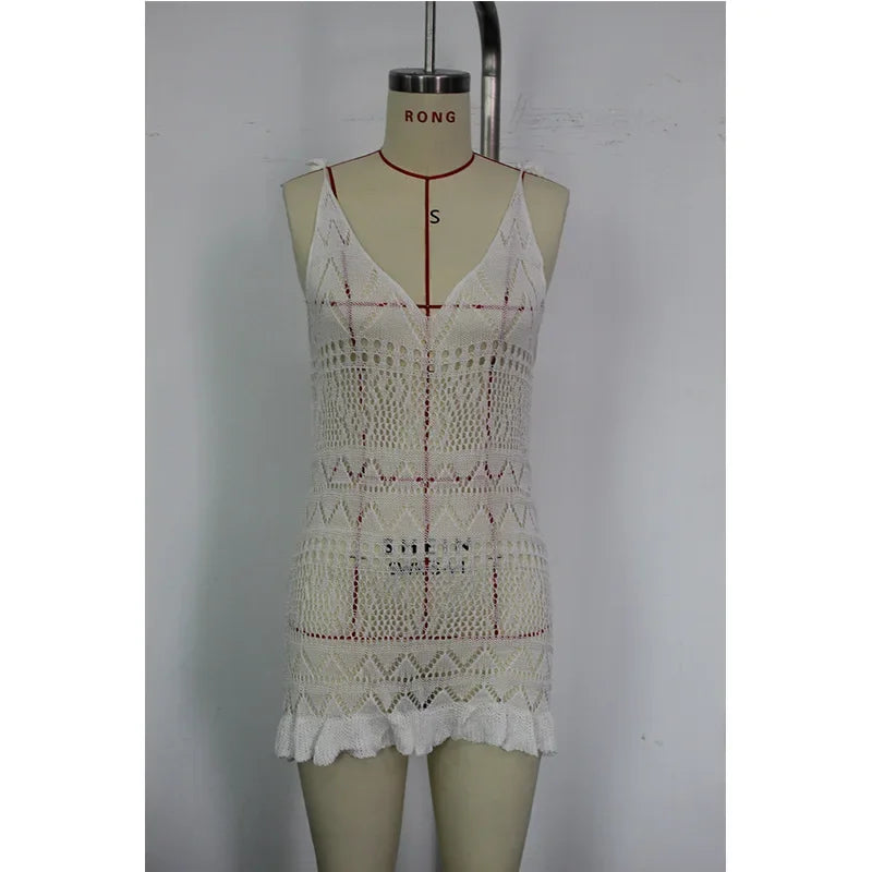 Summer Solid Color Knitted Backless Beach Dress