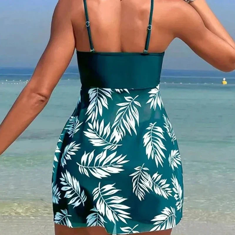 Sexy Mesh Print Split Swimsuit Dress for Women - High-Waist Beachwear