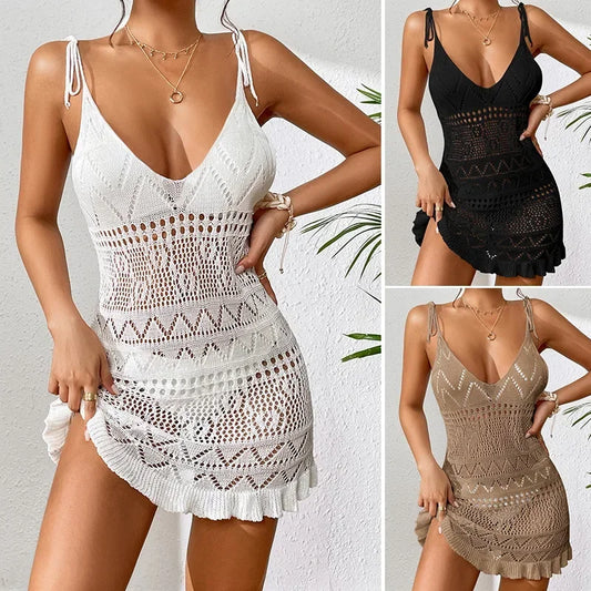 Summer Solid Color Knitted Backless Beach Dress