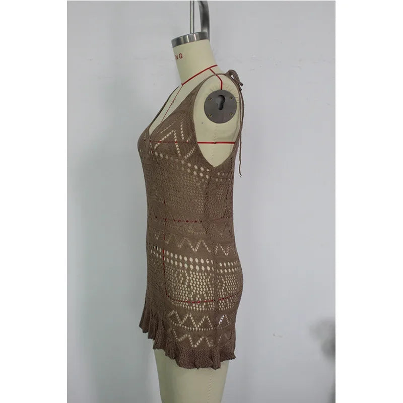 Summer Solid Color Knitted Backless Beach Dress
