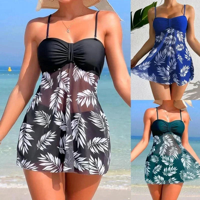 Sexy Mesh Print Split Swimsuit Dress for Women - High-Waist Beachwear