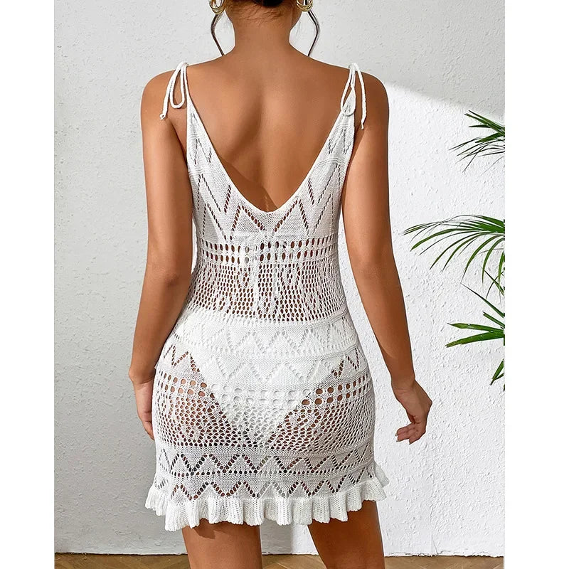 Summer Solid Color Knitted Backless Beach Dress