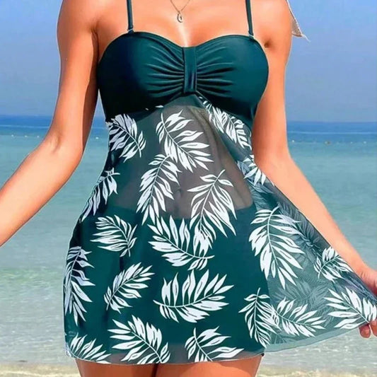 Sexy Mesh Print Split Swimsuit Dress for Women - High-Waist Beachwear