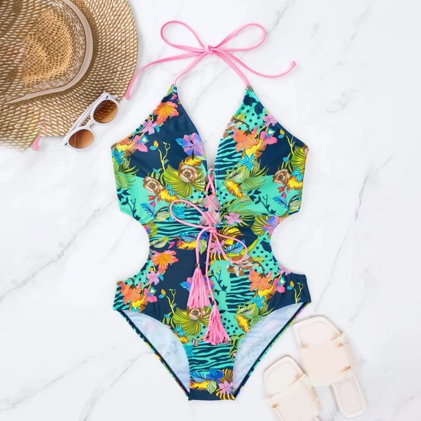 Sexy High-Waisted Bikini with Crisscross Straps & Tassel Tie Back