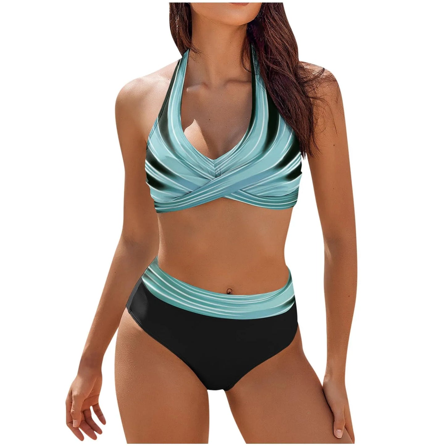 Teenagers' & Women's High-Waist Two-Piece Swimsuit - Colour Block & Floral Print