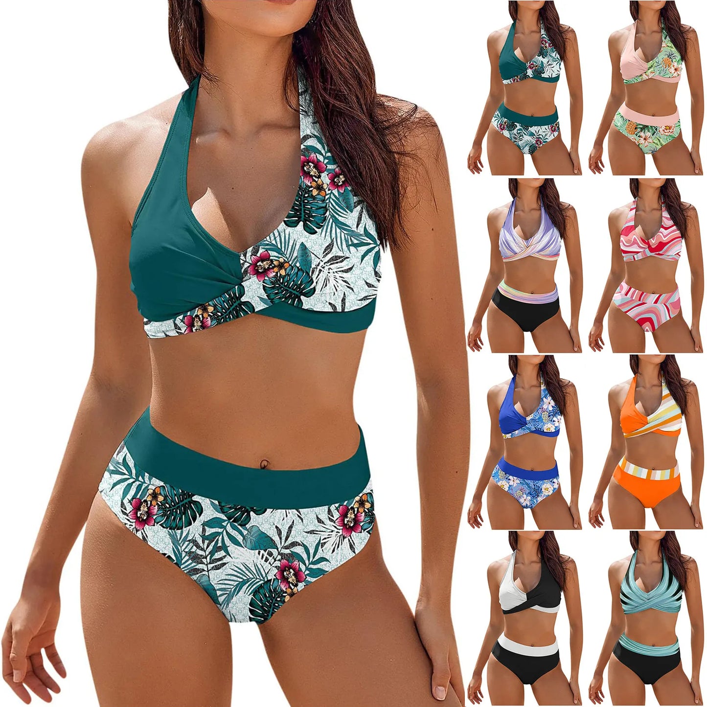 Teenagers' & Women's High-Waist Two-Piece Swimsuit - Colour Block & Floral Print