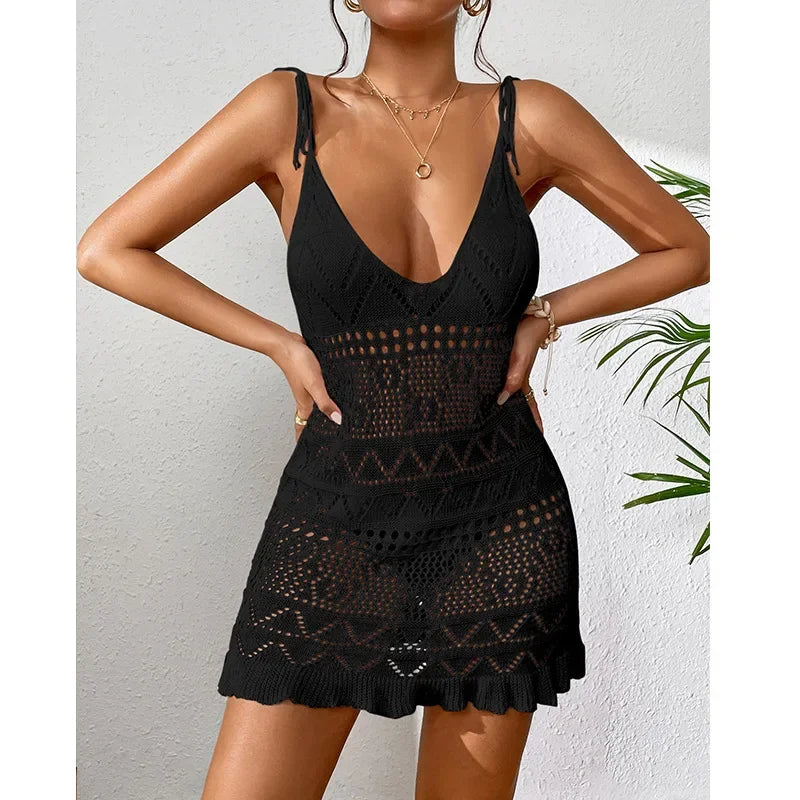 Summer Solid Color Knitted Backless Beach Dress