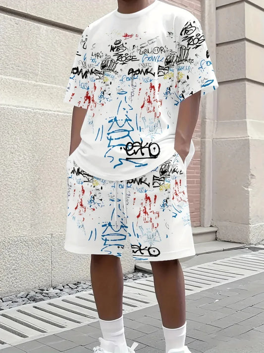 2025 Men's Creative Graffiti Print Two-Piece Set