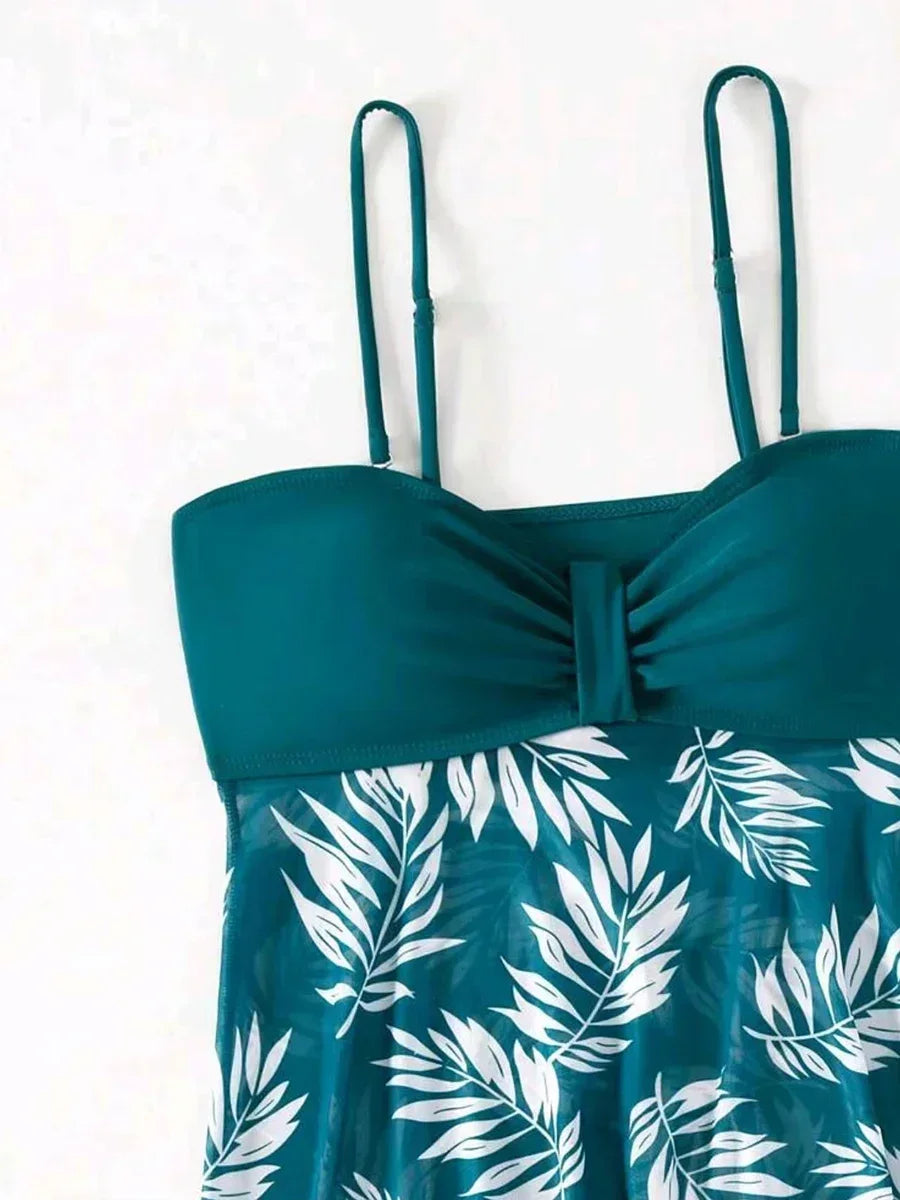 Sexy Mesh Print Split Swimsuit Dress for Women - High-Waist Beachwear