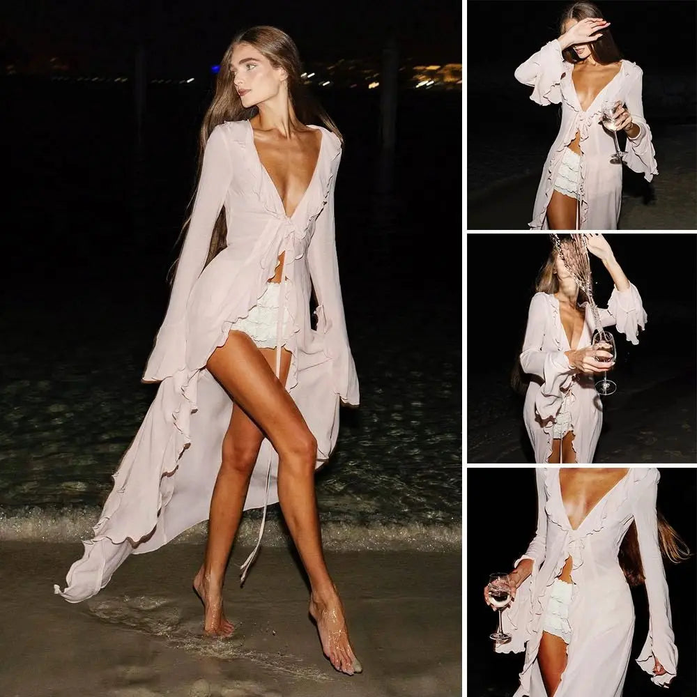 Elegant V-neck long-sleeve beach cover-up.