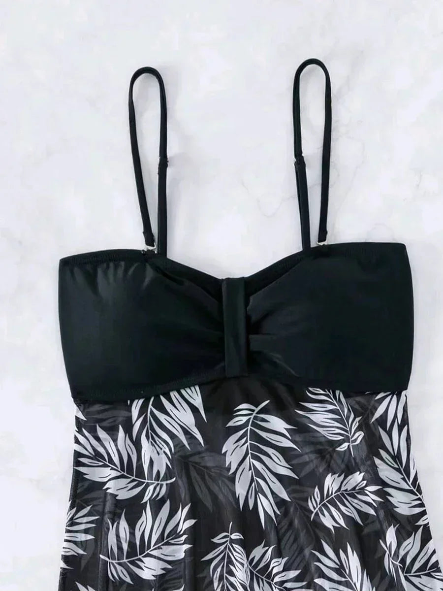 Sexy Mesh Print Split Swimsuit Dress for Women - High-Waist Beachwear