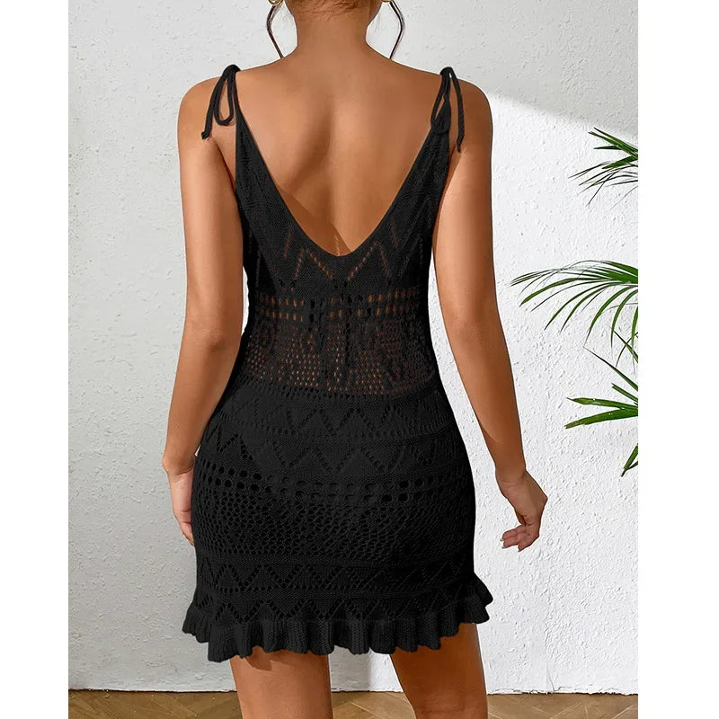 Summer Solid Color Knitted Backless Beach Dress