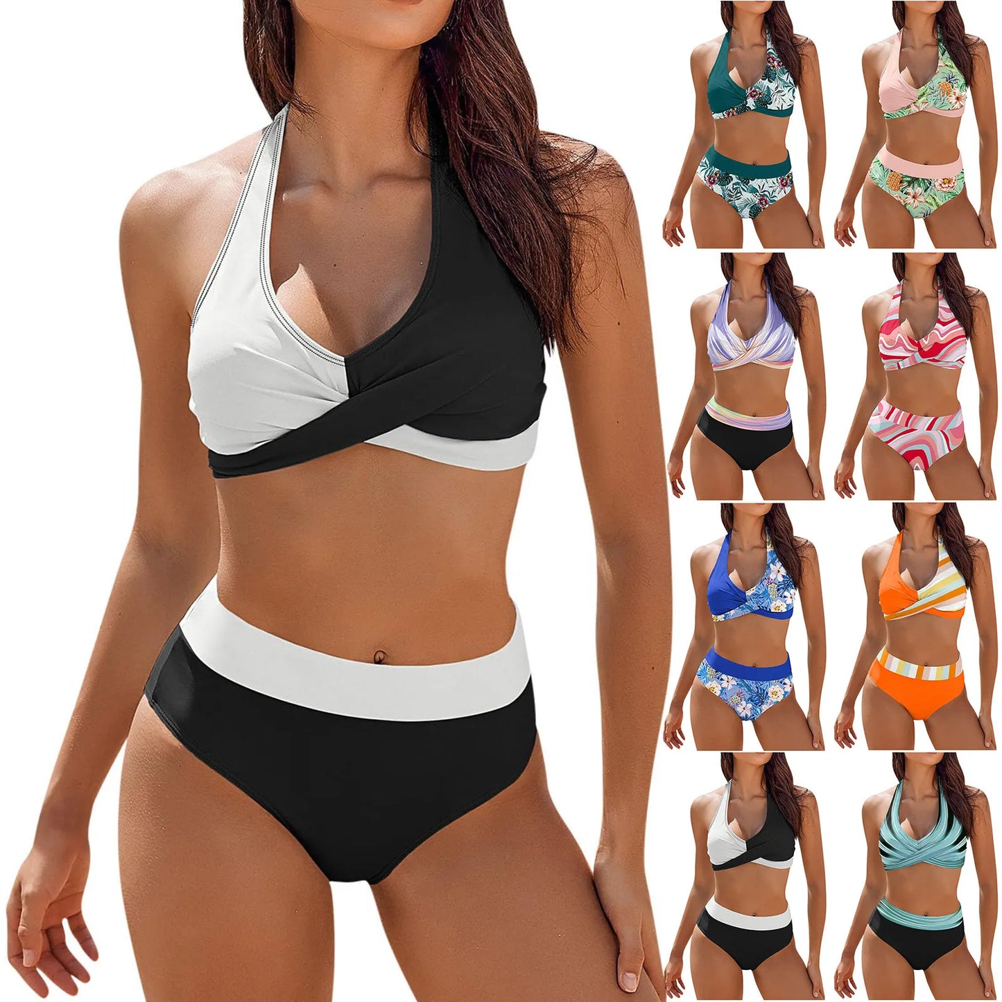 Teenagers' & Women's High-Waist Two-Piece Swimsuit - Colour Block & Floral Print