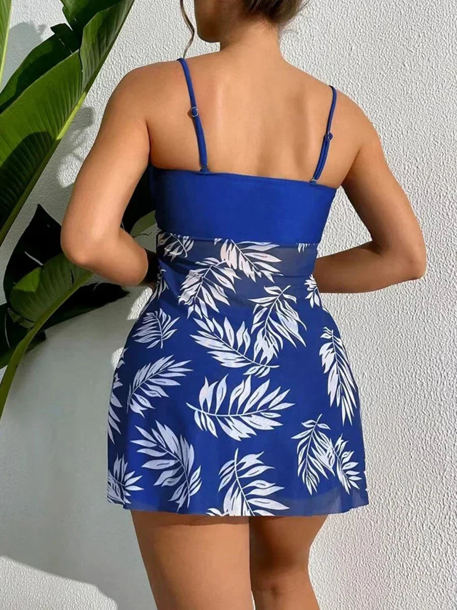 Sexy Mesh Print Split Swimsuit Dress for Women - High-Waist Beachwear
