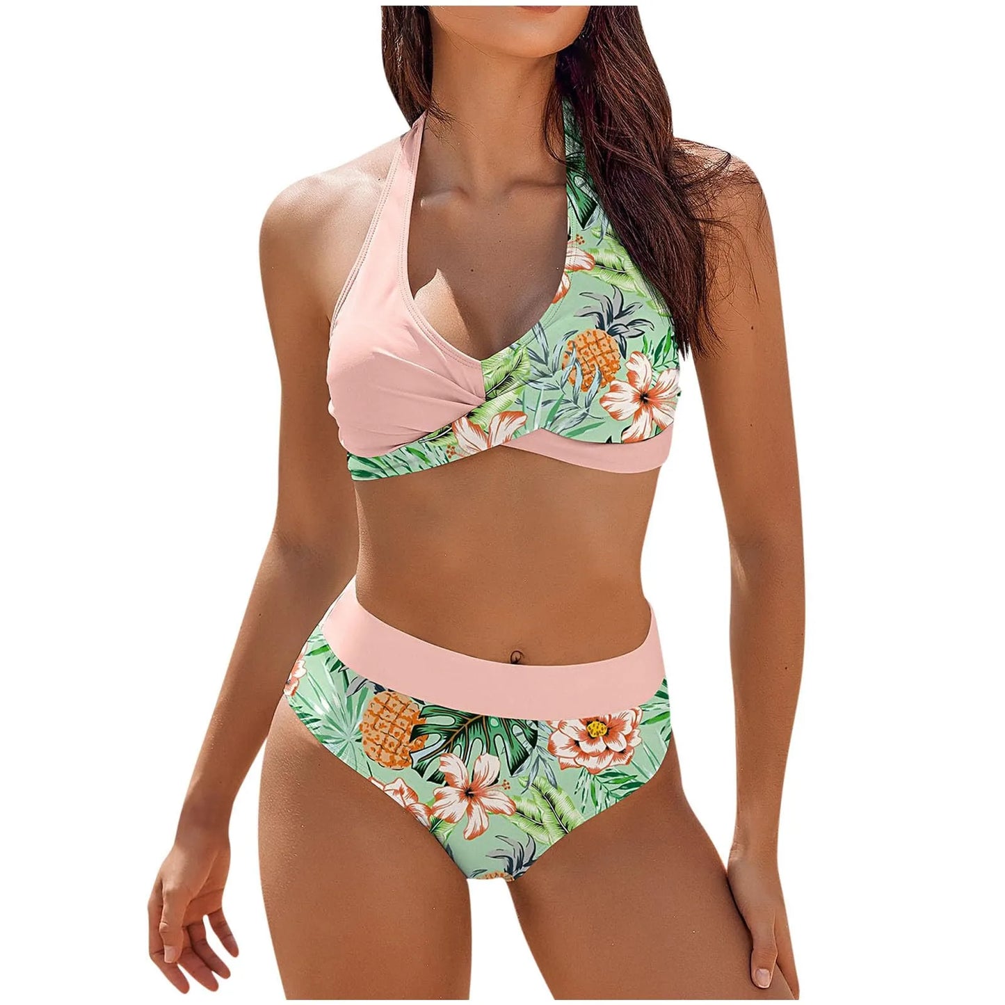 Teenagers' & Women's High-Waist Two-Piece Swimsuit - Colour Block & Floral Print