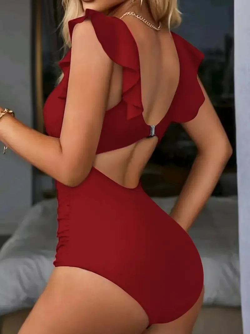 Women's Contrast Mesh One-Piece Swimsuit - V-Neck, Backless, Tummy Control High Cut