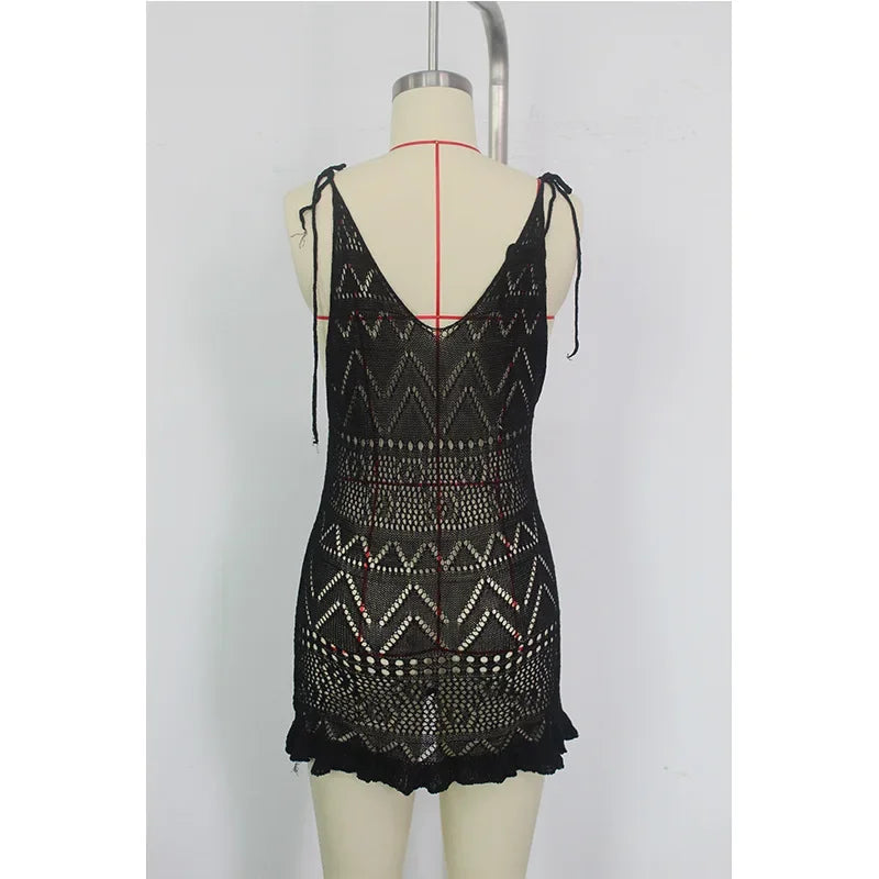 Summer Solid Color Knitted Backless Beach Dress