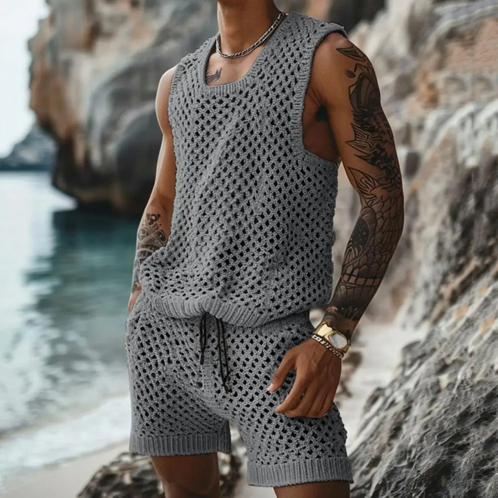 Men's Casual Knit Vest & Drawstring Shorts Set